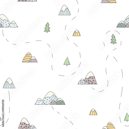 White pattern about travel hand drawn doodle mountains walk forest trees.