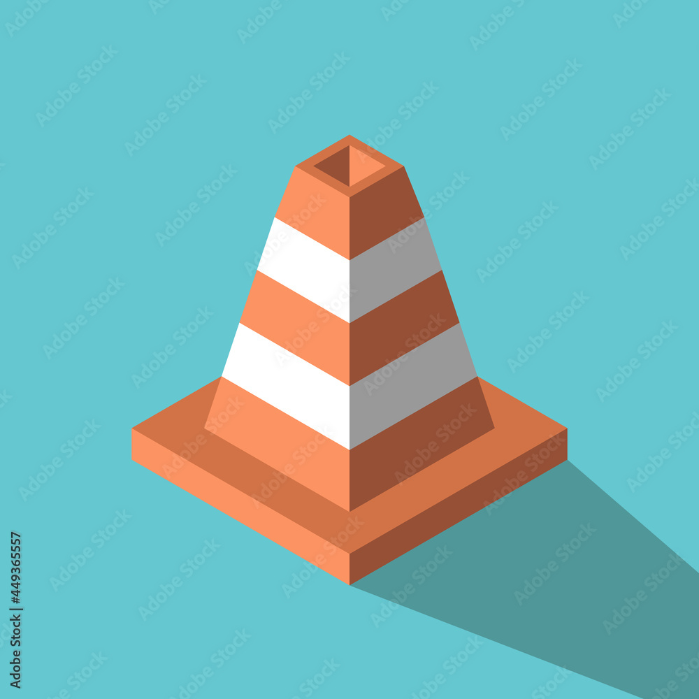 Isometric traffic cone on turquoise blue. Obstacle, boundary, road works, danger, maintenance and transportation concept. Flat design. EPS 8 vector illustration, no transparency, no gradients