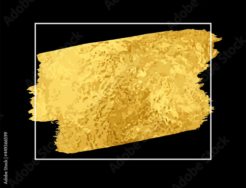 Gold brushstroke. Vector template for design. Stain of metallic paint on a black background. White frame. Sticker, flyer. Metal texture. Gold paint. Luxury backdrop. Empty blank for text.