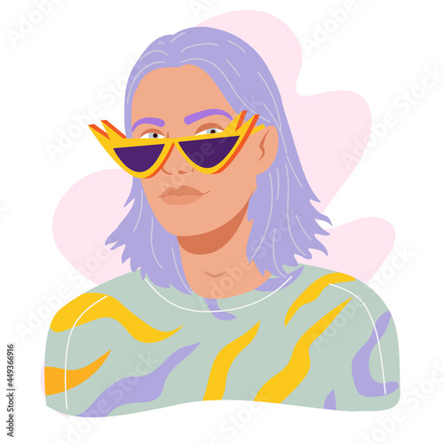 Portrait of modern young guy with long dyed purple hair. Avatar of man in modern trendy party sunglasses and fashion outfits. Vector portrait of stylish young guy isolated on white
