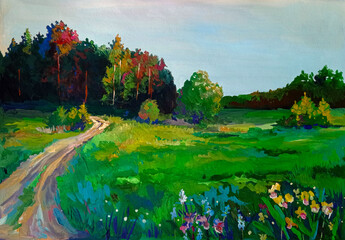 Fototapete Grün summer landscape a path leading to the forest  © Daria