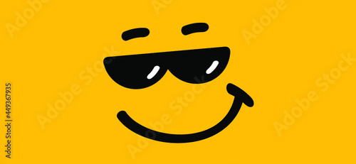 Yellow, stay or be cool with happy face and sunglasses. Cartoon vector success quotes for banner or card. Relaxing and chill, motivation and inspiration message. Comic sun glasses quote.