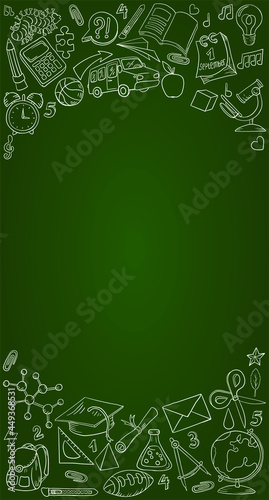Vector frame with doodle drawings about school and education. Banner for students. Preparation for the teacher's day, September 1, the day of knowledge. Hand and line drawn stationery, school supplies