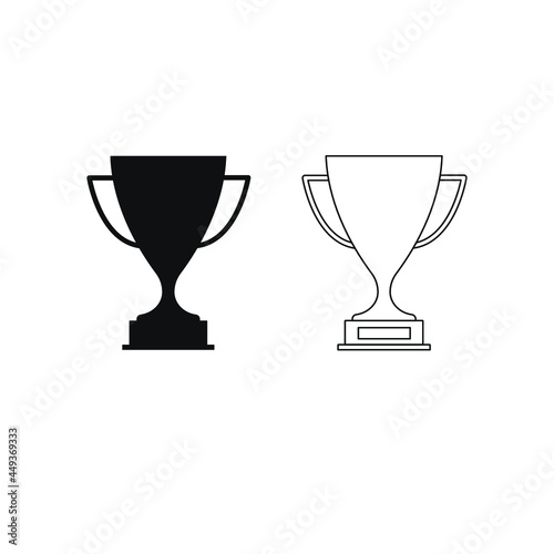 Prize trophy cup, black silhouette and dark outline. The symbol of victory in sports, competition, leadership. Vector illustration, flat minimal monochrome design isolated on white background, eps 10.
