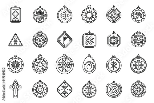 Amulet icons set outline vector. China coin