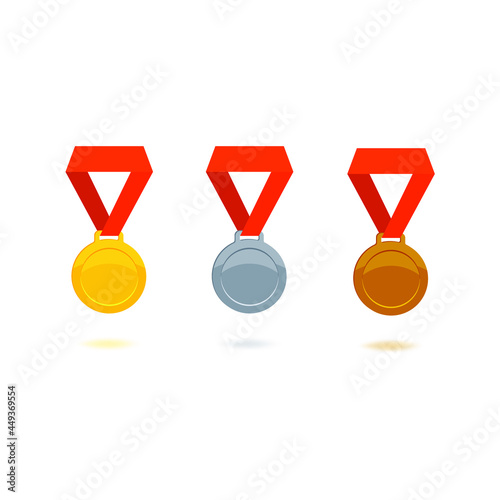 Prize medals, gold, silver, bronze, on a red ribbon. Achievement award, first place, second place, third place. Concept: victory in the competition, rewarding leaders, athletes.