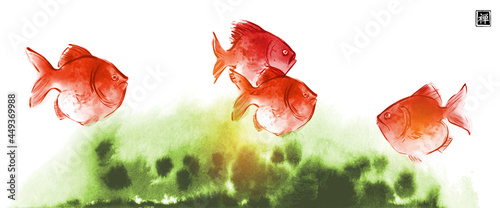 School of gold fishes and abstract green waves on white background.Traditional oriental ink painting sumi-e, u-sin, go-hua. Translation of hieroglyph - good luck