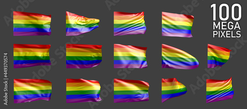 Gay Pride flag isolated - various realistic renders of the waving flag on grey background - object 3D illustration