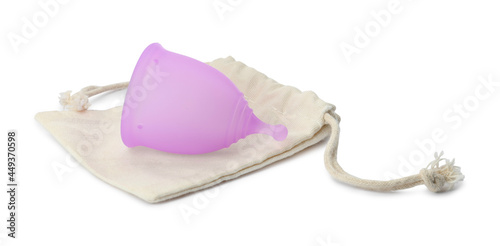 Silicone menstrual cup with cotton bag on white background