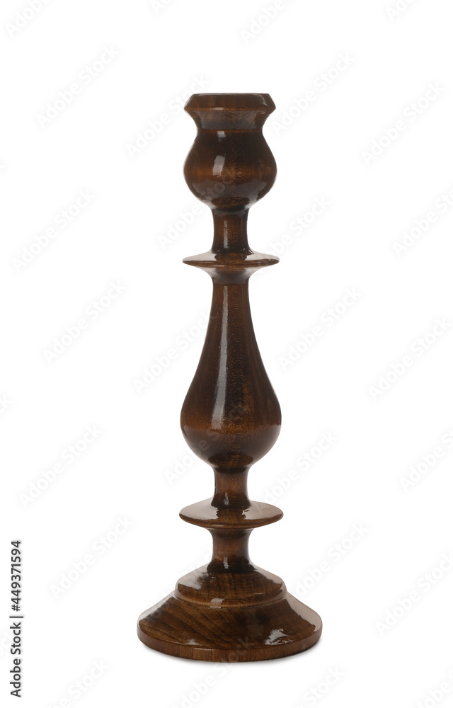 One stylish wooden candlestick isolated on white