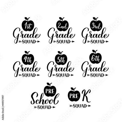 School Grade Squad Set. First day of school bundle. 1st, 2nd, 3rd, 4st, 5st, 6st, Pre-school, Pre-K. Vector template for typography poster, banner, t-shirt