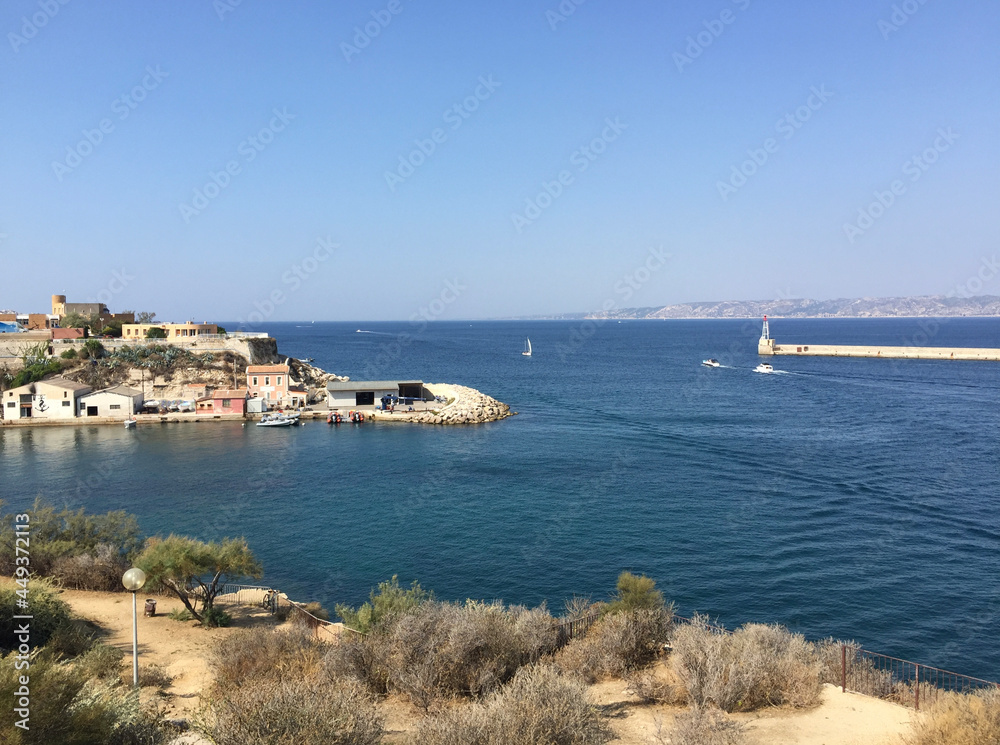 Panoramic view of the entrance to the Great Seaport of Marseille (Grand port maritime de Marseille, Marseille Fos Port) as well as to the Old Port (Vieux Port), seen from Pharo Palace in Marseille.