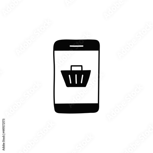 online shop on phone icon in solid black flat shape glyph icon, isolated on white background 