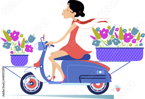 Pretty young woman, a scooter and bouquets of flowers illustration.
Smiling young woman rides a scooter and carries a bouquets of flowers in the baskets isolated on white
