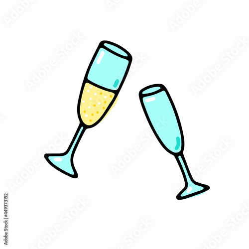 Doodle vector Glass with prosecco, champagne. Celebratory drink isolated on white background. Wineglass for the festive decoration, New Year, Christmas holiday, Birthday, Valentines Day illustration