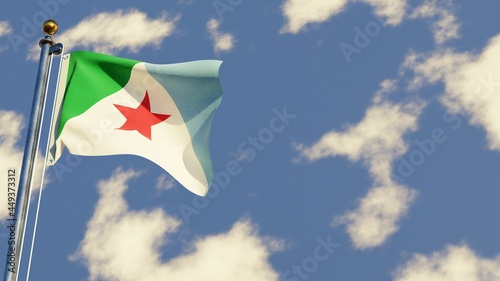 Merida 3D rendered realistic waving flag illustration on Flagpole. Isolated on sky background with space on the right side.