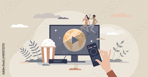 IPTV as internet television and home entertainment system tiny person concept. Digital media TV stream vector illustration. Smart multimedia technology and broadcast channel with good quality signal. photo