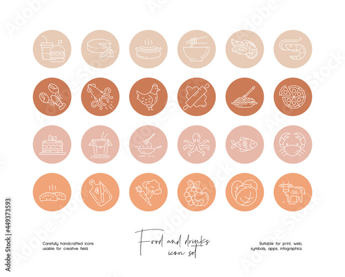 Set of hand drawn line art vector food and drinks  illustrations. Vector line icons set for social media story highlight.