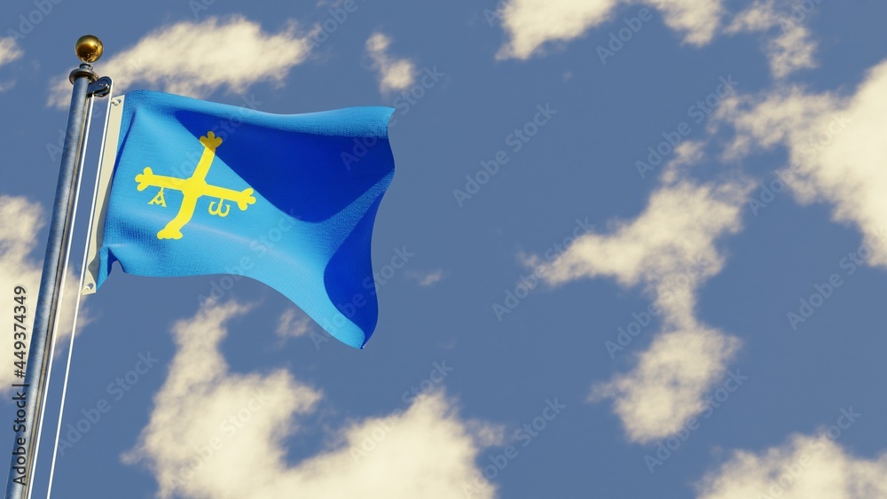 Asturias 3D rendered realistic waving flag illustration on Flagpole. Isolated on sky background with space on the right side.