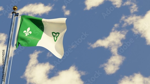 Franco-Ontarian 3D rendered realistic waving flag illustration on Flagpole. Isolated on sky background with space on the right side.