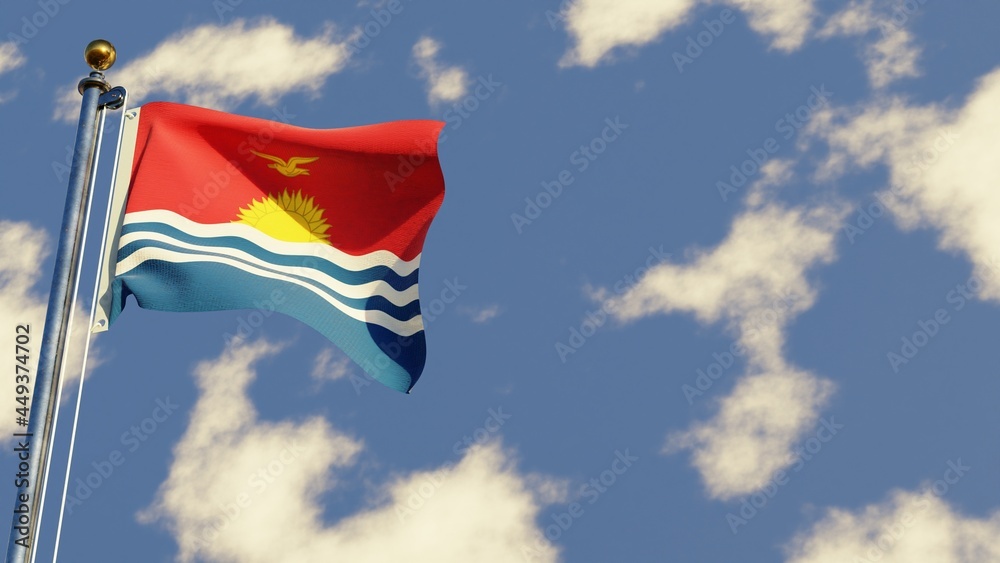 Kiribati 3D rendered realistic waving flag illustration on Flagpole. Isolated on sky background with space on the right side.