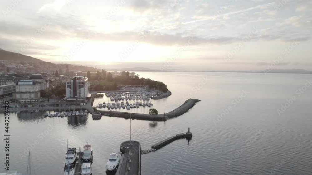 Neuchatel, Switzerland aerial drone footage at sunrise (log)