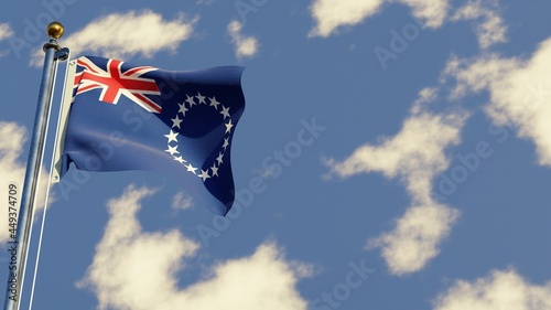 Cook Islands 3D rendered realistic waving flag illustration on Flagpole. Isolated on sky background with space on the right side.