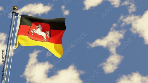 Lower Saxony 3D rendered realistic waving flag illustration on Flagpole. Isolated on sky background with space on the right side.