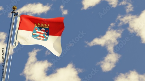 Hesse 3D rendered realistic waving flag illustration on Flagpole. Isolated on sky background with space on the right side.