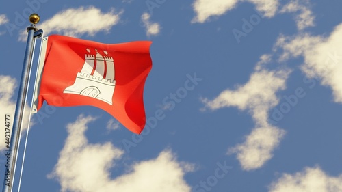 Hamburg 3D rendered realistic waving flag illustration on Flagpole. Isolated on sky background with space on the right side.