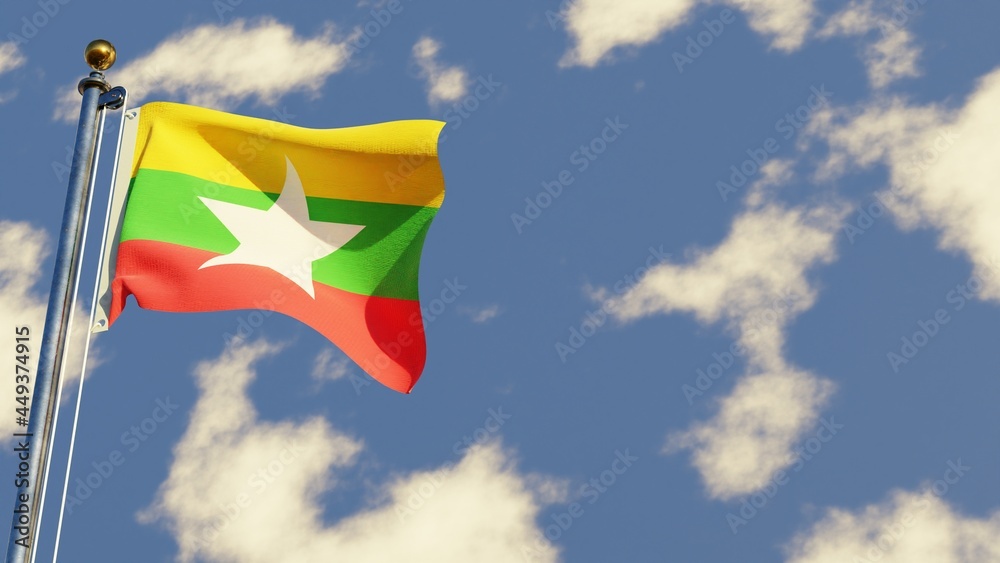 Myanmar 3D rendered realistic waving flag illustration on Flagpole. Isolated on sky background with space on the right side. Myanmar 3D rendered realistic waving flag illustration on Flagpole. Isolated on sky background with space on the right side.
