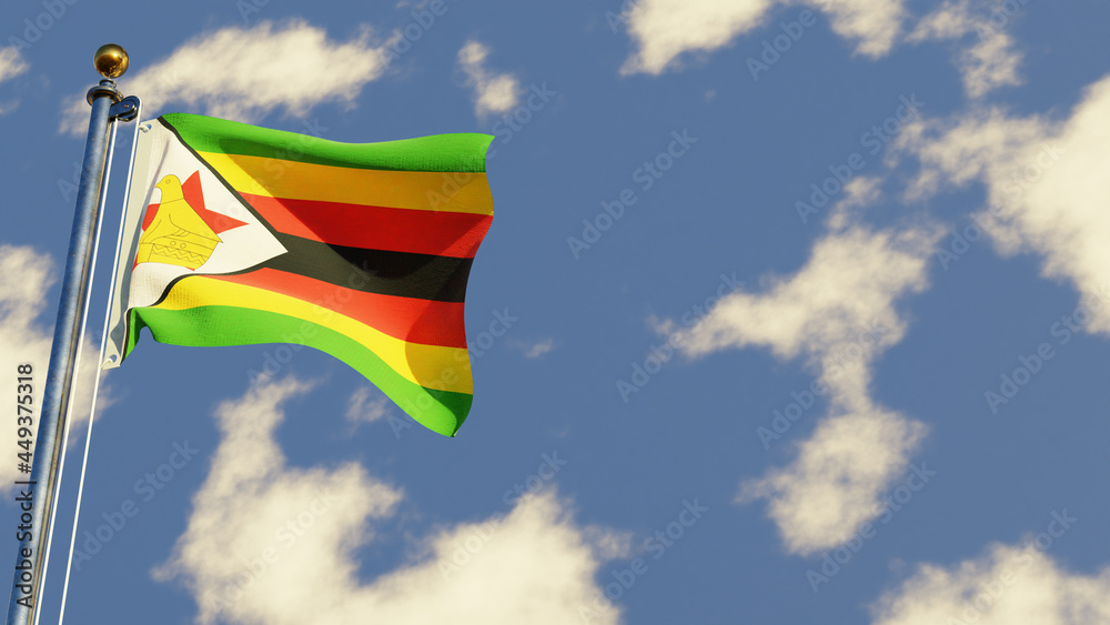 Zimbabwe 3D rendered realistic waving flag illustration on Flagpole. Isolated on sky background with space on the right side. Zimbabwe 3D rendered realistic waving flag illustration on Flagpole. Isolated on sky background with space on the right side.