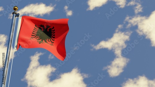 Albania 3D rendered realistic waving flag illustration on Flagpole. Isolated on sky background with space on the right side.