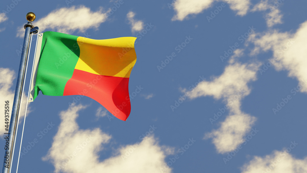 Benin 3D rendered realistic waving flag illustration on Flagpole. Isolated on sky background with space on the right side. Benin 3D rendered realistic waving flag illustration on Flagpole. Isolated on sky background with space on the right side.