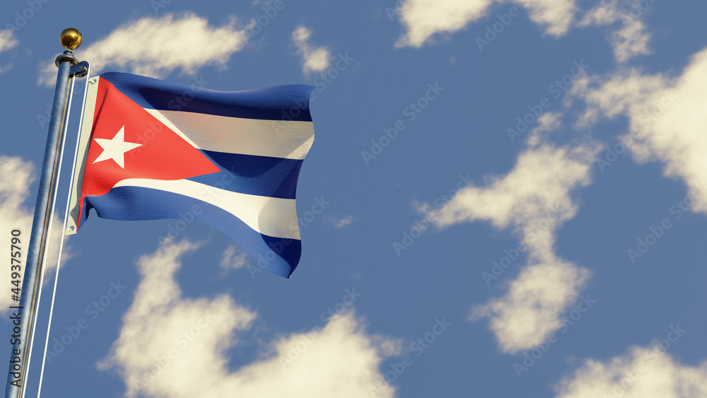 Cuba 3D rendered realistic waving flag illustration on Flagpole. Isolated on sky background with space on the right side. Cuba 3D rendered realistic waving flag illustration on Flagpole. Isolated on sky background with space on the right side.