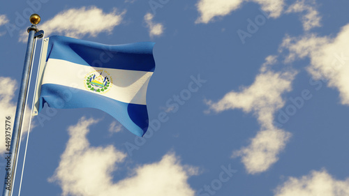 El Salvador 3D rendered realistic waving flag illustration on Flagpole. Isolated on sky background with space on the right side.