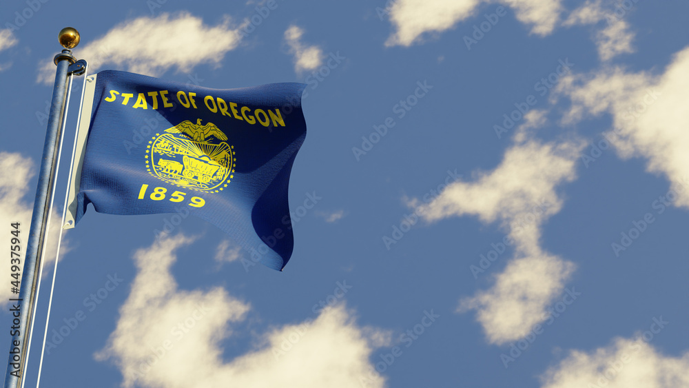 Oregon 3D rendered realistic waving flag illustration on Flagpole. Isolated on sky background with space on the right side.