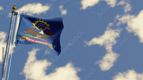 North Dakota 3D rendered realistic waving flag illustration on Flagpole. Isolated on sky background with space on the right side.