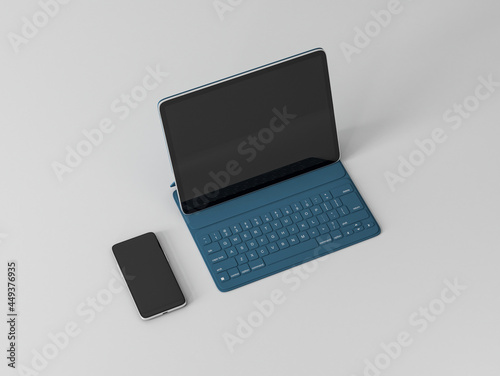 Digital Tablet with smartphone Mockup and keyoard cover on gray background photo