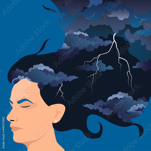 Mental disorder. Depression women with thunderstorm inside her head. Girl in stressful situation. Flat vector.