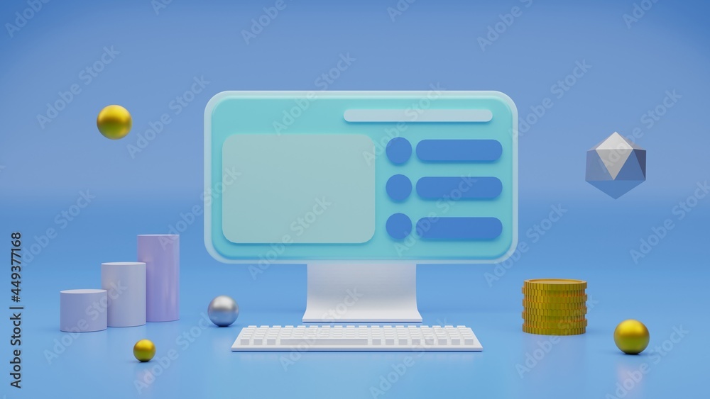 3d rendering pc setup with abstract shape