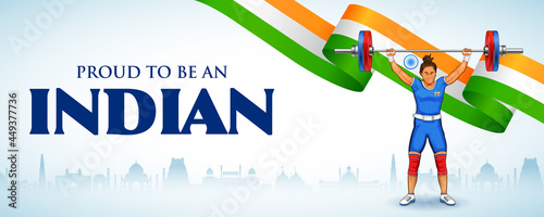 Indian sportsperson weightlifter in women category victory in championship on tricolor India background