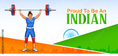 Indian sportsperson weightlifter in women category victory in championship on tricolor India background