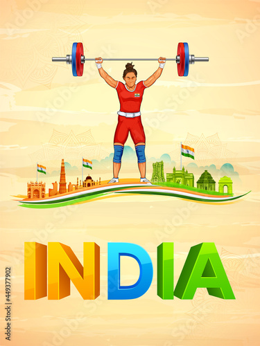 Indian sportsperson weightlifter in women category victory in championship on tricolor India background