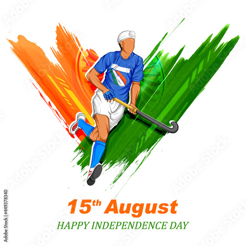 Indian sportsman field hockey player victory in championship on tricolor India background