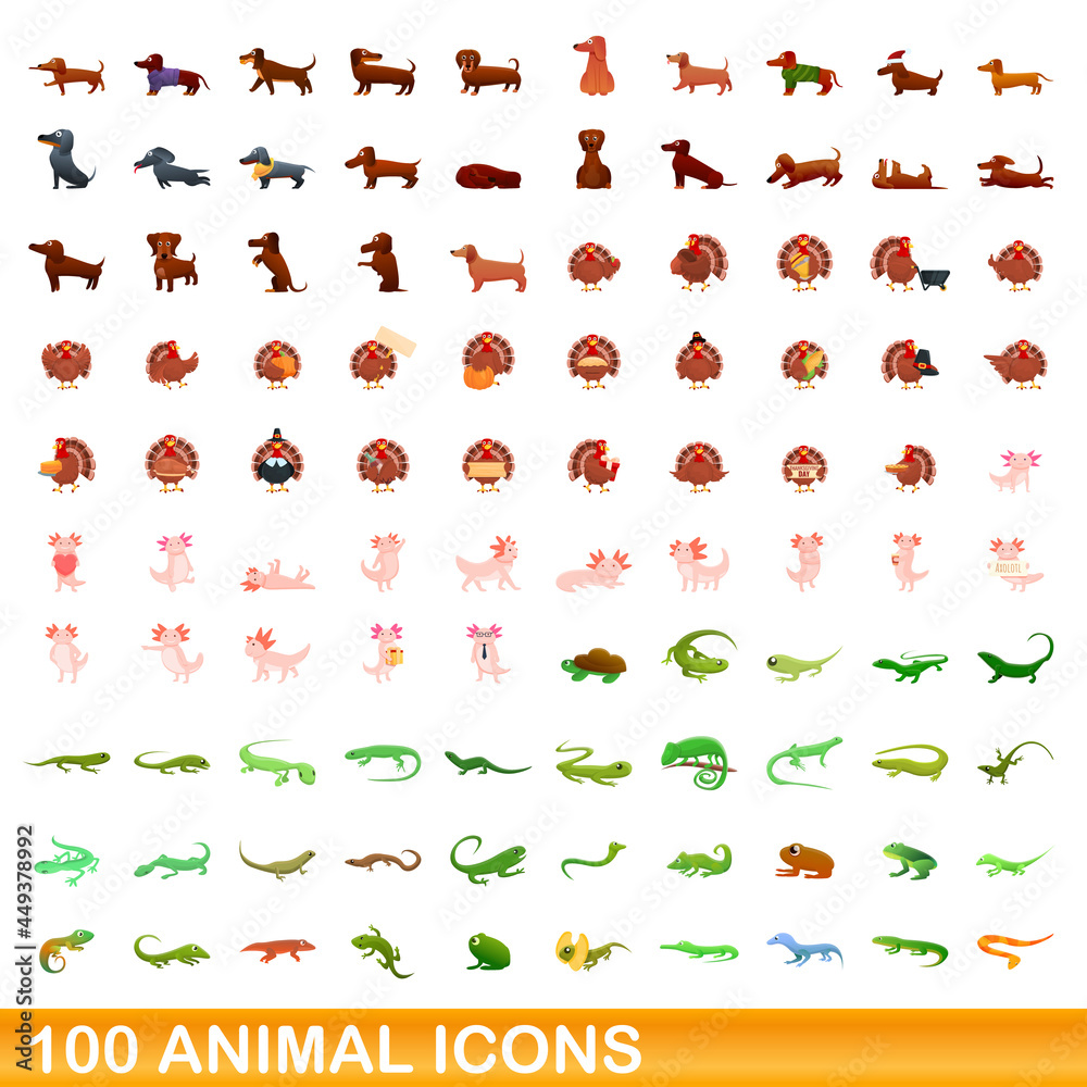 Obraz premium 100 animal icons set. Cartoon illustration of 100 animal icons vector set isolated on white background