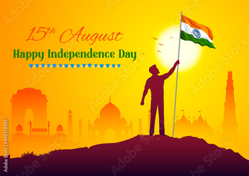 abstract tricolor banner with man holding Indian flag for 15th August Happy Independence Day of India