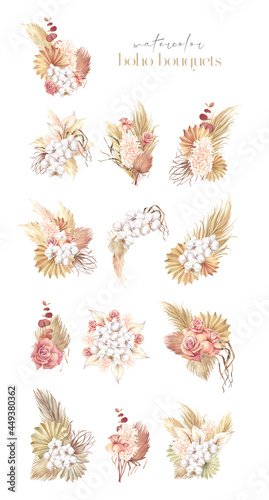 Beautiful watercolor boho bouquets with flowers on a white background.
