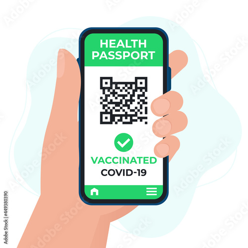 Hand holding smartphone display on mobile app with health passport, which indicates a vaccination against covid-19. Vector illustration in flat style