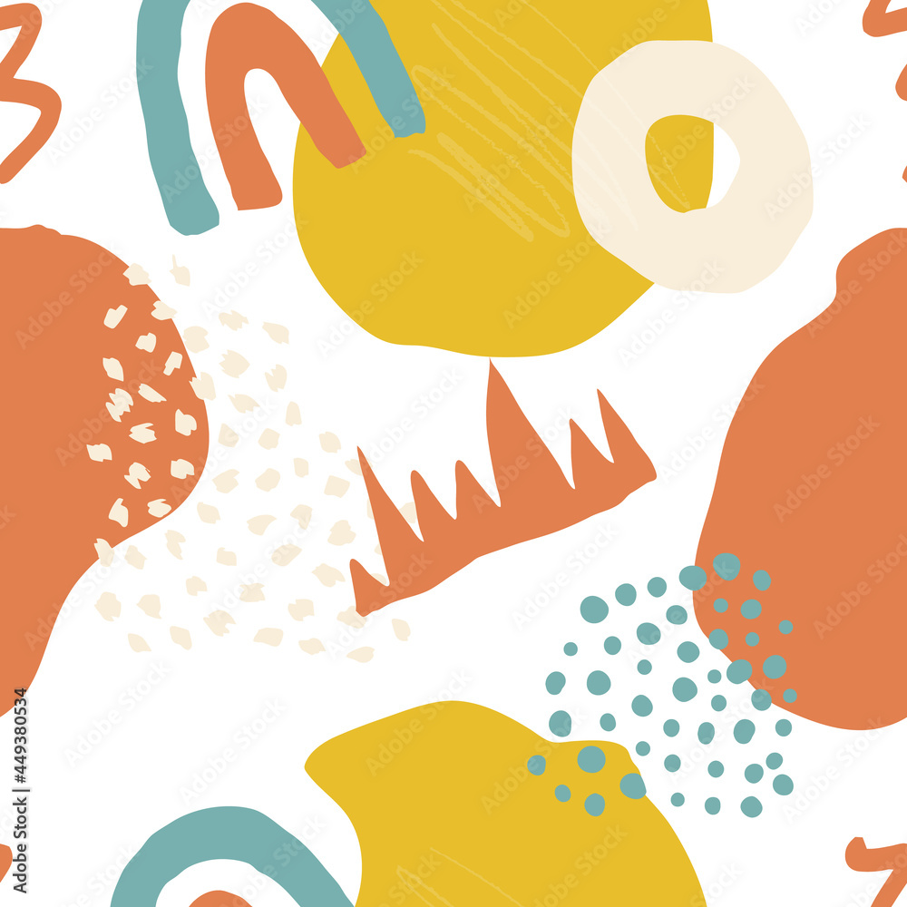 Abstract seamless pattern in trendy style with botanical and geometric elements, textures. Trendy bright colors. Vector illustration.